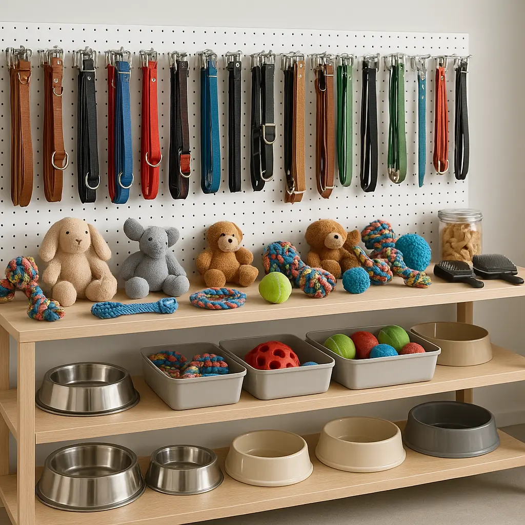 Zubehörwand mit Leinen und Spielzeug